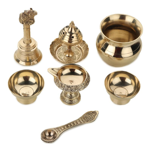 Ensemble de 8 plateaux de prière (Thali) en laiton pur, faits à la main, de 10 pouces, avec accessoires traditionnels pour les festivals et le temple à domicile - Product Image 3