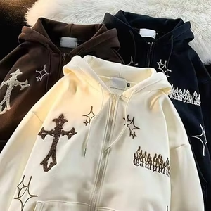 <b>Gothic</b> Zip-Up Front <b>Hoodie</b> Men Oversized 100% Cotton DIY Embroidered Cross Design Breathable Casual Streetwear Winter Sweatshirt - Product Image 1