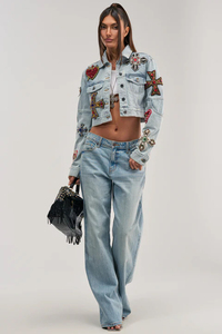 Women's <b>Denim</b> <b>Jacket</b> Set With Embroidered Patches <b>Cropped</b> Top And Wide Leg Jeans Casual Spring Summer Outfit - Product Image 6