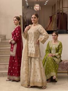 Conjunto de Traje Sharara de Seda con Bordado de Cremallera Gruesa, Kurta y Dupatta, Ropa Tradicional India y Pakistaní para Bodas y Fiestas para Mujer - Product Image 6