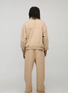 Men's Beige Quarter-<b>Zip</b> 100% Cotton Embroidered Sweatshirt and Jogger Set with Front Logo Print Casual Winter Wear - Product Image 6