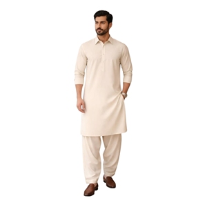<b>Men</b> Cream Cotton <b>Kurta</b> Pajama Set Regular Fit Ankle-Length Traditional Casual Wear India Pakistan Style - Product Image 6
