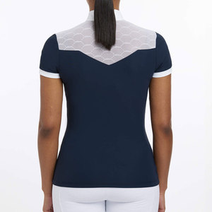 Camisa de equitación azul marino para mujer, manga corta, cuello alto, con bloques de color, transpirable, tejido de punto. - Product Image 3