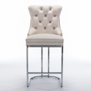 Ensemble de tabourets de bar de 26 pouces à hauteur de comptoir de ferme moderne, 2 boutons robustes en métal chromé, garniture arrière de rivet, velours beige rembourré - Product Image 2