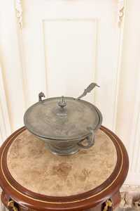 Antique Metal Soup Tureen with Ladle – Signed Steel Serving Bowl – Unique Vintage <b>Kitchen</b> Decor - Product Image 4
