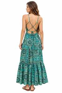 Robe longue bohème paisley pour femme, dos nu, bretelles croisées, idéale pour l'été et les vacances à la plage - Product Image 3