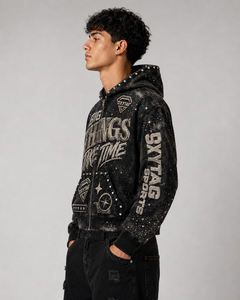 Sweat à capuche zippé en molleton épais avec strass et délavage acide, imprimé graphique, style punk streetwear Y2K pour homme - Product Image 1