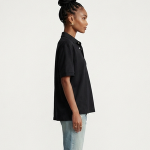 Polo en coton noir pour femme, manches courtes, décontracté, avec logo imprimé sur le devant, coupe classique, tissu Oxford, impression par transfert thermique - Product Image 6