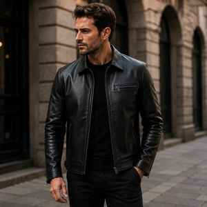 Blouson moto en cuir véritable noir, manches longues, col rabattable, fermeture éclair, coupe-vent, vêtement d'extérieur décontracté toutes saisons - Product Image 5
