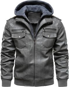 Chaqueta de Motociclista Delgada de Cuero PU para Hombre, con Cierre Frontal, Cuello Alto, Color Sólido, Manga Regular, Relleno de Poliéster, Estilo Otoñal - Product Image 5