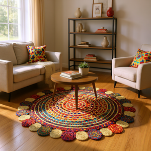 Alfombra Redonda Delgada de Yute Chindi Hecha a Mano con Diseño Boho de Retazos, Borde Trenzado en Espiral y Festoneado para el Hogar, Fácil de Limpiar - Product Image 1