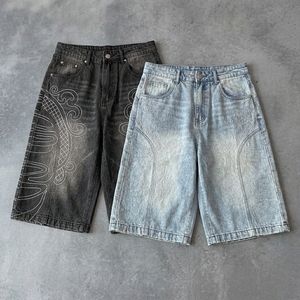 Embroidery <b>Customized</b> Sample Stone Washed Wide <b>Balloon</b> Leg Denim Shorts Baggy Fit Sun Fade 100% Cotton Summer Men - Product Image 1