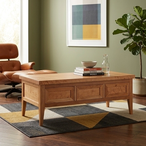 Table basse rectangulaire en bois massif avec 3 panneaux de rangement à tiroirs, pieds coniques, style mid-century, pour salon, table de cocktail ou de thé - Product Image 3
