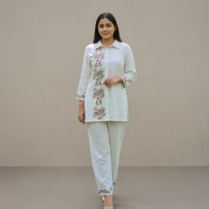 Women's <b>White</b> Embroidered Cotton Linen Co Ord <b>Set</b> Shirt Collar Three Quarter Sleeve Straight Pants Regular Fit Elegant Outfit - Product Image 6