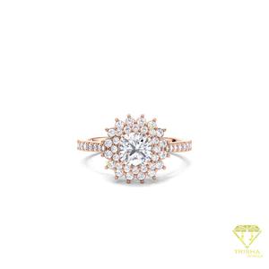 Bague de fiançailles vintage en or jaune 14 carats avec moissanite taille coussin et double halo, bague de mariage avec bande pavée - Product Image 5