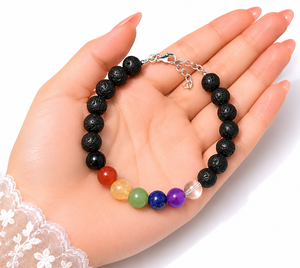 7 Chakra Lava Bead Bracelet, Solid 925 Starling <b>Silver</b> Healing Crystal Diffuser Jewelry Bracelet Adjustable Bracelets - Product Image 1