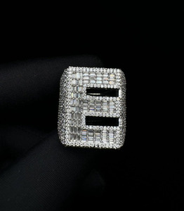 <b>Initial</b> 'E' Baguette Cut Moissanite Engagement <b>Ring</b> 925 Sterling Silver Rhodium Plated Prong Set Hip Hop Style Anniversary Gifts - Product Image 1