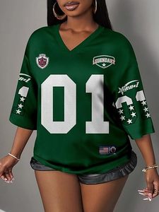 Camiseta deportiva verde bordada con el número 01 y diseño de estrellas, material de algodón para mujer, ropa informal de moda - Product Image 6