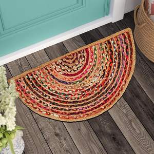 Tapis en jute en forme d'arc-en-ciel, semi-circulaire, en fibres naturelles, avec tresses multicolores audacieuses brodées, idéal pour les entrées, les chambres d'enfants et les mariages - Product Image 2