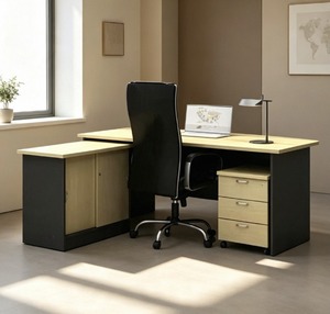 Bureau d'angle moderne avec armoire de rangement, unité à 3 tiroirs, en bois, autoportant pour bureau à domicile, en panneaux de particules mélaminés - Product Image 1