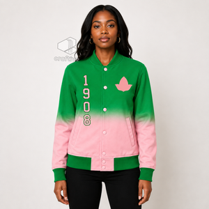 Alfa |   Kapa |   Chaqueta universitaria de satén ombré para mujer Alpha con letras griegas bordadas, botones a presión y cuello y puños de punto acanalado, estilo universitario - Product Image 5