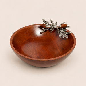 Handcrafted Decorative Mango Wood Serving Bowl With Elegant Metal Leaf & Acorn Accent Premium Polished Tabletop Decor For Home - Product Image 4