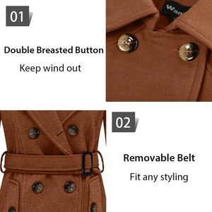 Women's Wool <b>Trench</b> <b>Coat</b> Double Breasted Solid Color Midi Length Full Sleeve Elegant Outerwear Notched Collar - Product Image 5