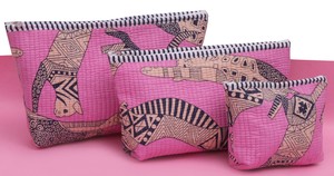 Pink Safari Print Quilted Cotton Cosmetic Bag Set Travel Toiletry Organizer - Product Image 3