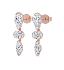 Boucles d'oreilles pendantes en or rose 9 carats avec diamants de laboratoire taille poire, ovale et marquise, 4,08 CTW, sertis clos, éblouissantes - Product Image 2