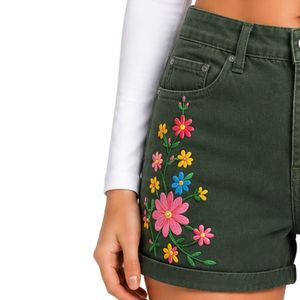 Shorts de Mezclilla de Cintura Alta para Mujer, Color Verde Bosque, con Bordado Floral Colorido, Shorts Casuales de Verano, Elásticos, Personalizados OEM ODM - Product Image 3
