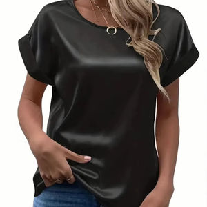 Chemisiers en satin pour femmes, style été, décontractés, à manches chauve-souris, col rond, couleur unie, coupe ample - Product Image 1