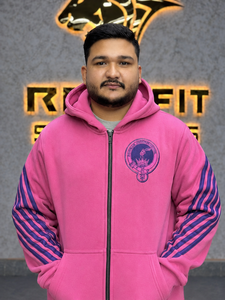 Nouveau sweat-shirt rose à capuche zippé pour homme, coupe oversize, en polaire, manches rayées, style streetwear, avec logo imprimé sur le devant, idéal pour l'automne - Product Image 3