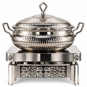 Plat à chafing Zarvique Royal en acier inoxydable martelé argenté avec support de buffet orné – Ensemble de couverts de fête durable et écoresponsable - Product Image 1