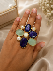 Anillo con Forma de Flor, con Zafiro, Aguamarina y Perla Semipreciosas, Chapado en Oro de 18K, Joyería Cristiana, Hecho a Mano, para Fiesta - Product Image 1