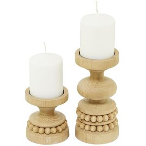 Handcrafted Wooden Beaded Candle Holder Set <b>Rustic</b> Farmhouse Pillar Candle Stand Home Decor - Product Image 1