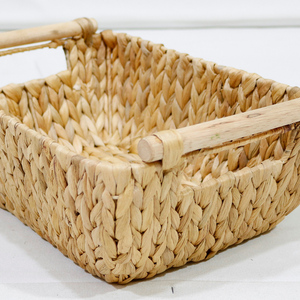 Panier de rangement rectangulaire en rotin naturel avec poignées en bois, organisateur rustique multi-usages - Product Image 3