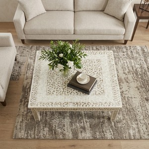Mesa de Centro Cuadrada Clásica de Madera con Incrustaciones de Hueso Blanco y Detalles Tallados, Diseño Tradicional para Muebles de Sala de Estar - Product Image 3