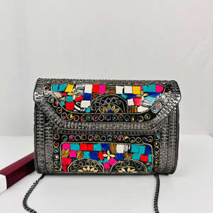 Bolso cruzado de mosaico de Metal plateado étnico moderno chapado en oro antiguo hecho a mano indio, bolso de noche con cuentas coloridas pulidas - Product Image 1