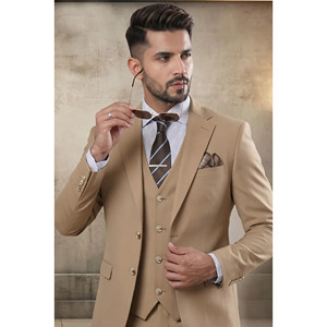 Traje de Negocios para Hombre, Color Beige, Cierre de un Botón, Solapa con Muescas, Estilo Británico, Mezcla de Lana y Poliéster, Corte Regular, Antiarrugas, Tejido - Product Image 4