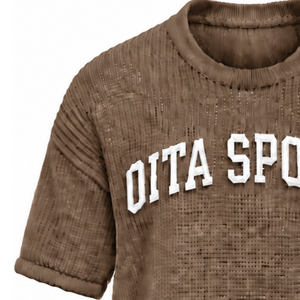 T-shirt en tricot marron chocolat pour homme, manches courtes, col rond, texture texturée, haut décontracté, imprimé personnalisé, streetwear, mode estivale - Product Image 6