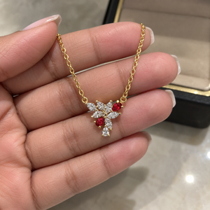 สร้อยคอเพชรเลี้ยงในห้องปฏิบัติการ ทอง 14K 18K เพชรทรงมาร์คีส์และทรงหยดน้ำสีแดง จี้รูปดอกไม้ ของขวัญเครื่องประดับสำหรับผู้หญิง คอลเลคชั่นสำหรับใส่ทุกวัน - Product Image 1
