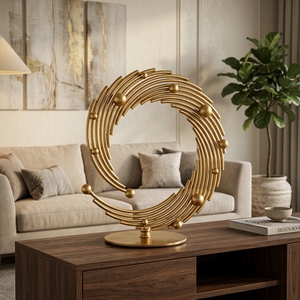 Sculpture Circulaire en Métal Plaqué Or, Décoration Artistique Art Déco pour Table, Faite à la Main, Design Géométrique Abstrait, Idéale pour l'Entrée dans une Nouvelle Maison ou Diwali - Product Image 2
