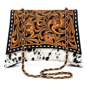 Sac bandoulière artisanal en cuir de vachette à poils, style western, motif floral, avec chaîne, pochette vintage pour usage quotidien - Product Image 1