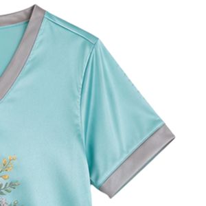 Conjunto de Pijama de Satén con Estampado Floral Azul Agua para Mujer, Cuello en V, Manga Corta, Top y Pantalones Cortos, Ropa de Dormir Suave, Personalizable OEM - Product Image 4
