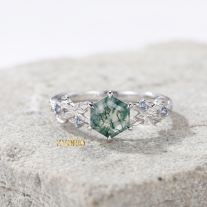 Anillo de Compromiso de Oro de 18K con Ágata Musgosa Hexagonal, Anillo Floral Botánico Inspirado en la Naturaleza - Product Image 6