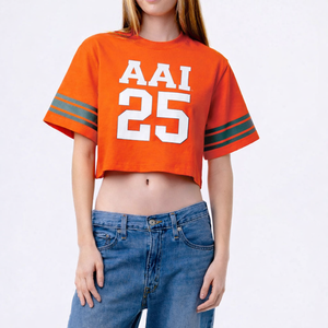 เสื้อยืดครอปผ้าฝ้ายเจอร์ซีย์แฟชั่นสำหรับผู้หญิงปี 2026 แขนสั้น ลายทางตัดกัน เสื้อทีมสั่งทำได้ ผลิตจำนวนมาก รับผลิตแบรนด์ส่วนตัว ผลิตในสหรัฐอเมริกา - Product Image 2