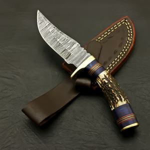 Cuchillo de caza y camping hecho a mano de acero de Damasco con mango de cuerno de ciervo, personalizable OEM Pasha - Product Image 5