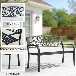 Banc de jardin noir pour l'extérieur, avec accoudoirs, pour la terrasse, le porche ou la cour - Product Image 2
