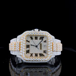 Montre automatique mécanique de luxe pour homme, édition limitée, avec chiffres romains bicolores dorés, sertie de moissanite, style hip-hop moderne - Product Image 1