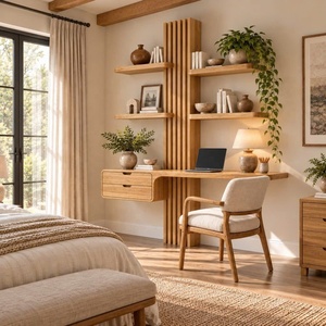 Bureau mural contemporain en bois avec étagères en forme d'arbre et tiroir pour bureau à domicile - Product Image 1